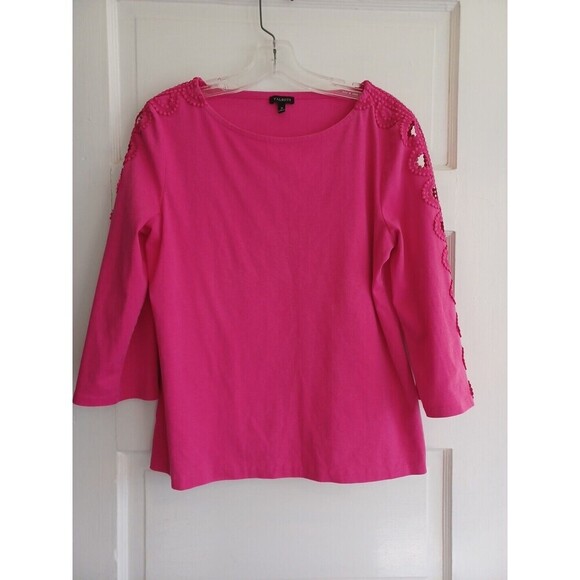 Talbots knit tee sleeve cutout detail M hot pink modern classic modest mature - Picture 2 of 8